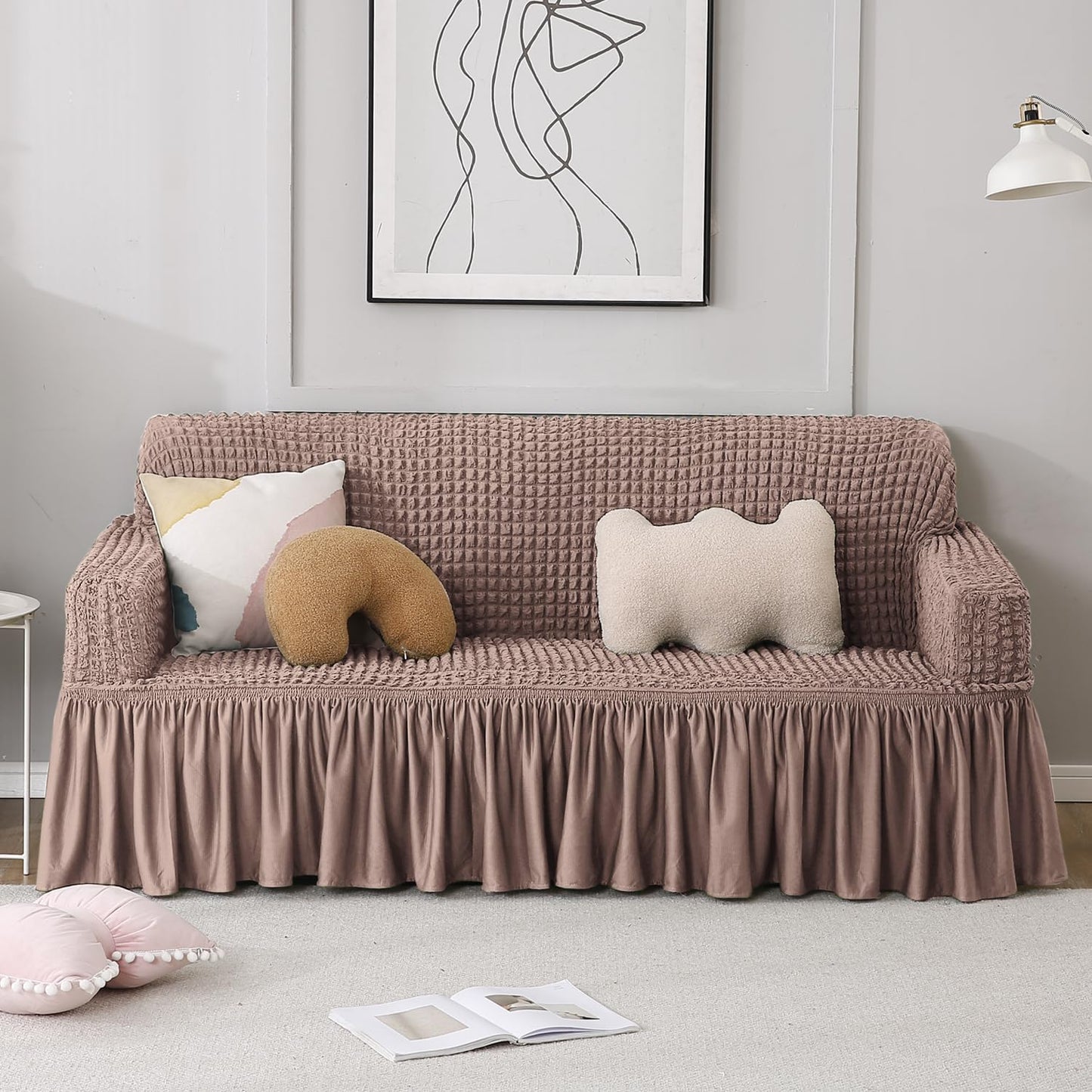 Elastic Stretchable Bubble Sofa Cover with Frill, Mocha