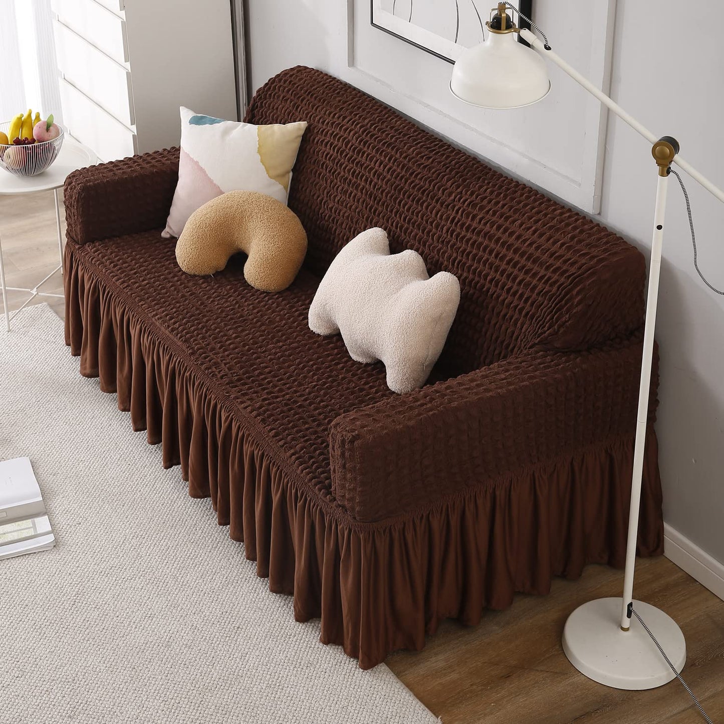 Elastic Stretchable 280 GSM Bubble Sofa Cover with Frill, Dark Brown