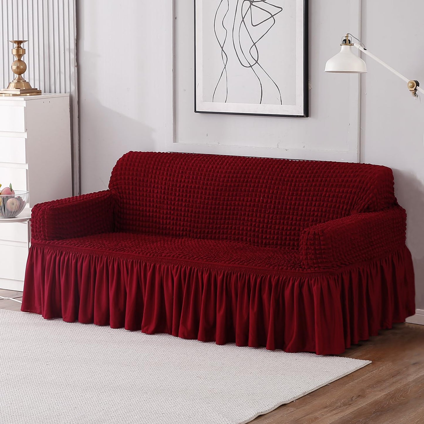 Elastic Stretchable 280 GSM Bubble Sofa Cover with Frill, Cherry Red