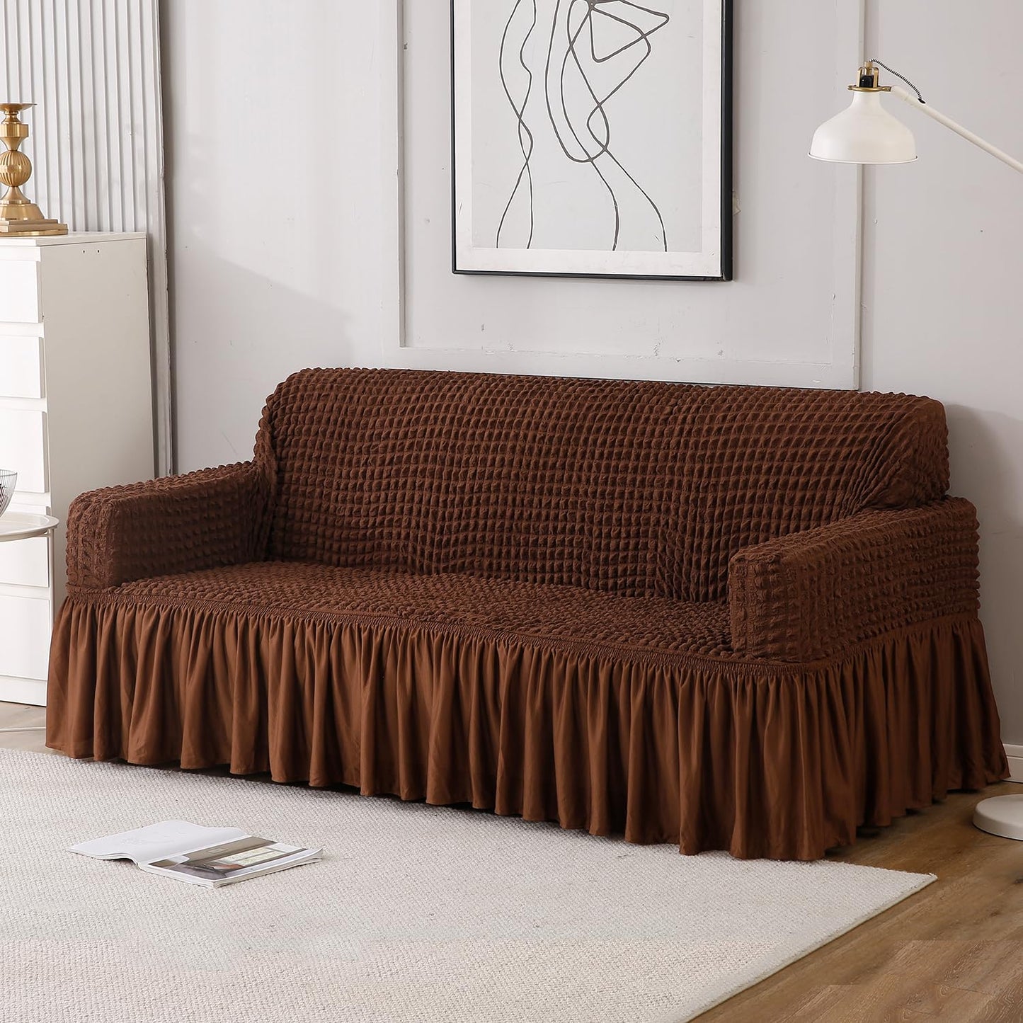 Elastic Stretchable 280 GSM Bubble Sofa Cover with Frill, Dark Brown