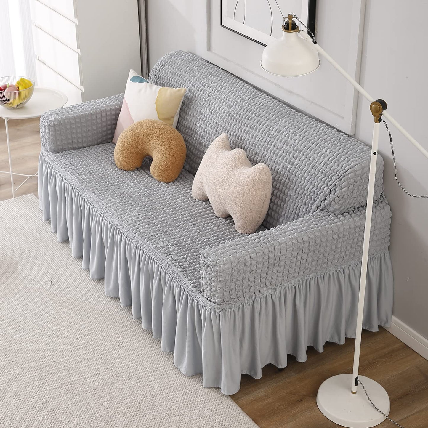 Elastic Stretchable 280 GSM Bubble Sofa Cover with Frill, Ash Grey