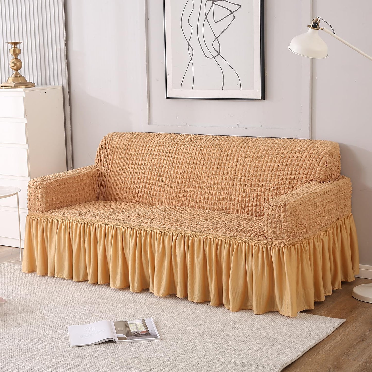 Elastic Stretchable 280 GSM Bubble Sofa Cover with Frill, Light Brown
