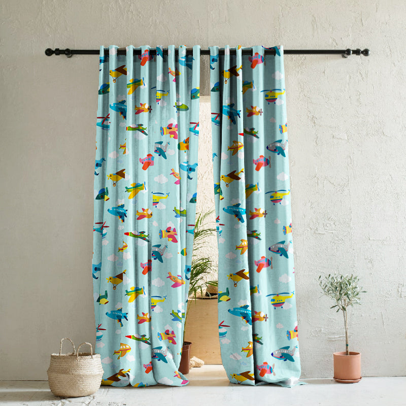 Fly High Kids Sky Blue Heavy Satin Room Darkening Curtains Set Of 2 - (DS461A)