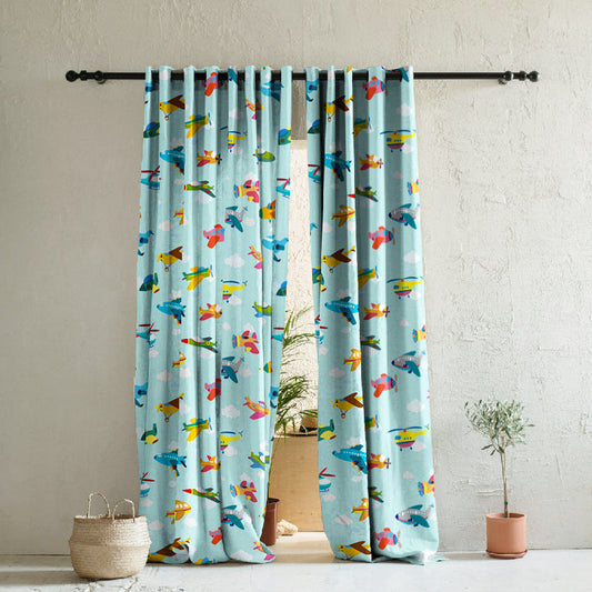 Fly High Kids Sky Blue Heavy Satin Room Darkening Curtains Set Of 2 - (DS461A)