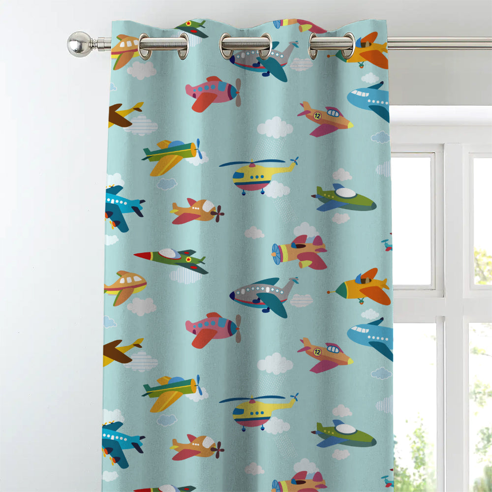 Fly High Kids Sky Blue Heavy Satin Room Darkening Curtains Set Of 2 - (DS461A)