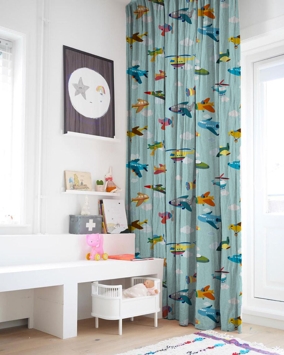 Fly High Kids Sky Blue Heavy Satin Room Darkening Curtains Set Of 2 - (DS461A)