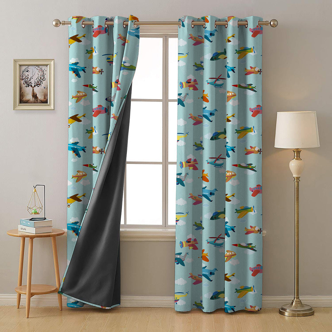 Fly High Kids Sky Blue Heavy Satin Room Darkening Curtains Set Of 2 - (DS461A)