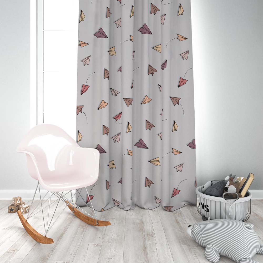 Origami planes Kids Light Grey Heavy Satin Room Darkening Curtains Set Of 2 - (DS464C)