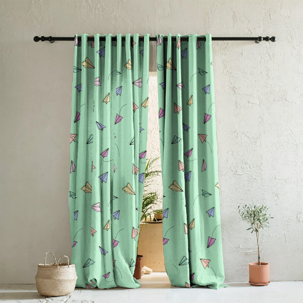 Origami planes Kids Mint Green Heavy Satin Room Darkening Curtains Set Of 2 - (DS464D)