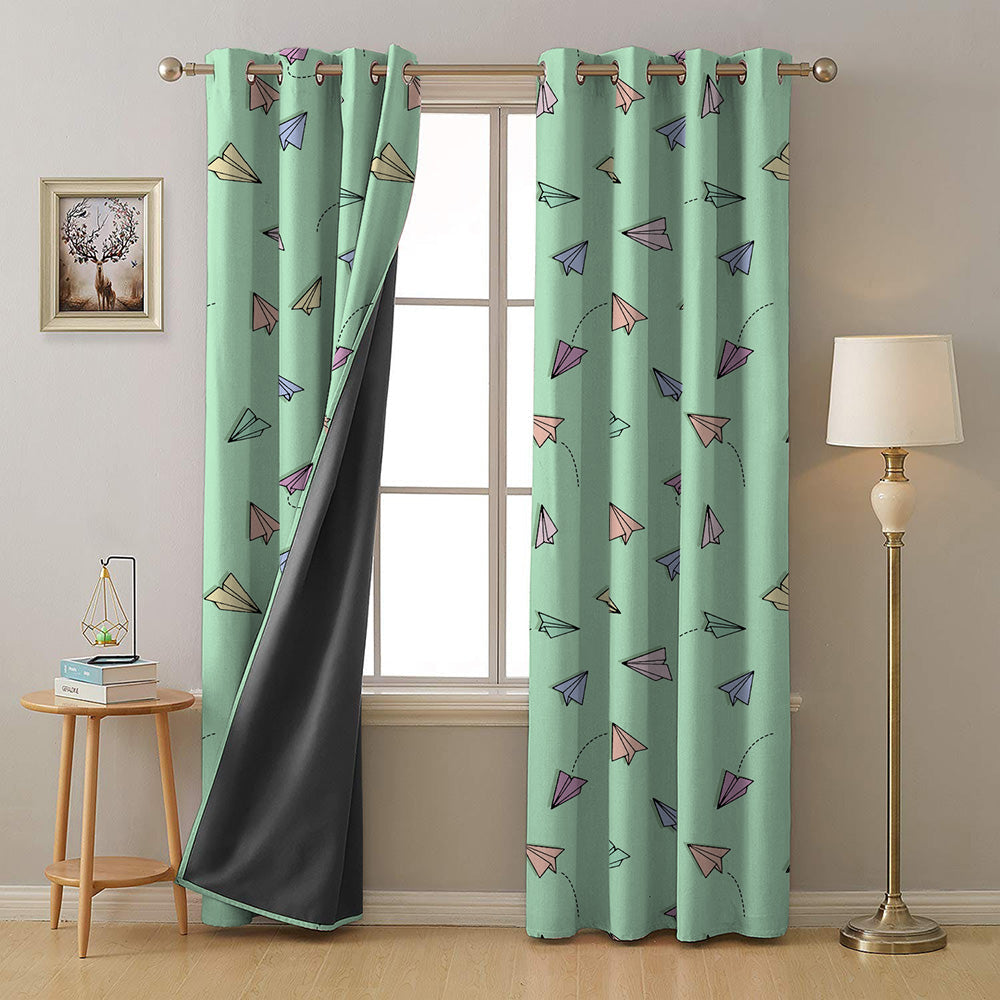 Origami planes Kids Mint Green Heavy Satin Room Darkening Curtains Set Of 2 - (DS464D)