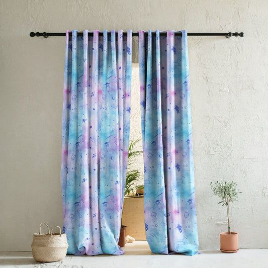 Playful Planets Kids Sky Blue Heavy Satin Room Darkening Curtains Set Of 2 - (DS465B)