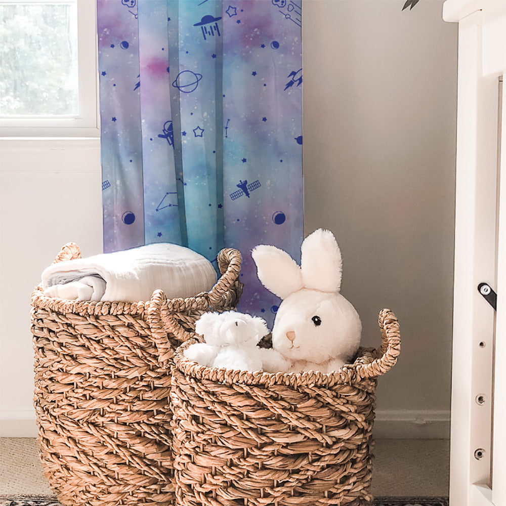 Playful Planets Kids Sky Blue Heavy Satin Room Darkening Curtains Set Of 2 - (DS465B)
