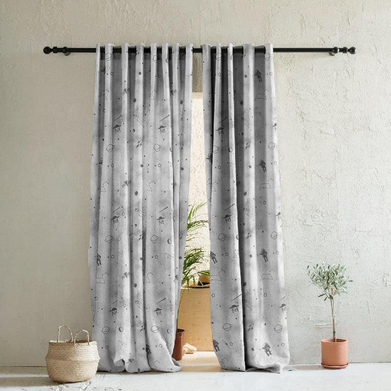 Playful Planets Kids Slate Grey Heavy Satin Room Darkening Curtains Set Of 2 - (DS465C)