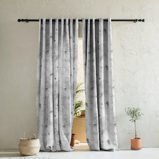 Playful Planets Kids Slate Grey Heavy Satin Room Darkening Curtains Set Of 2 - (DS465C)