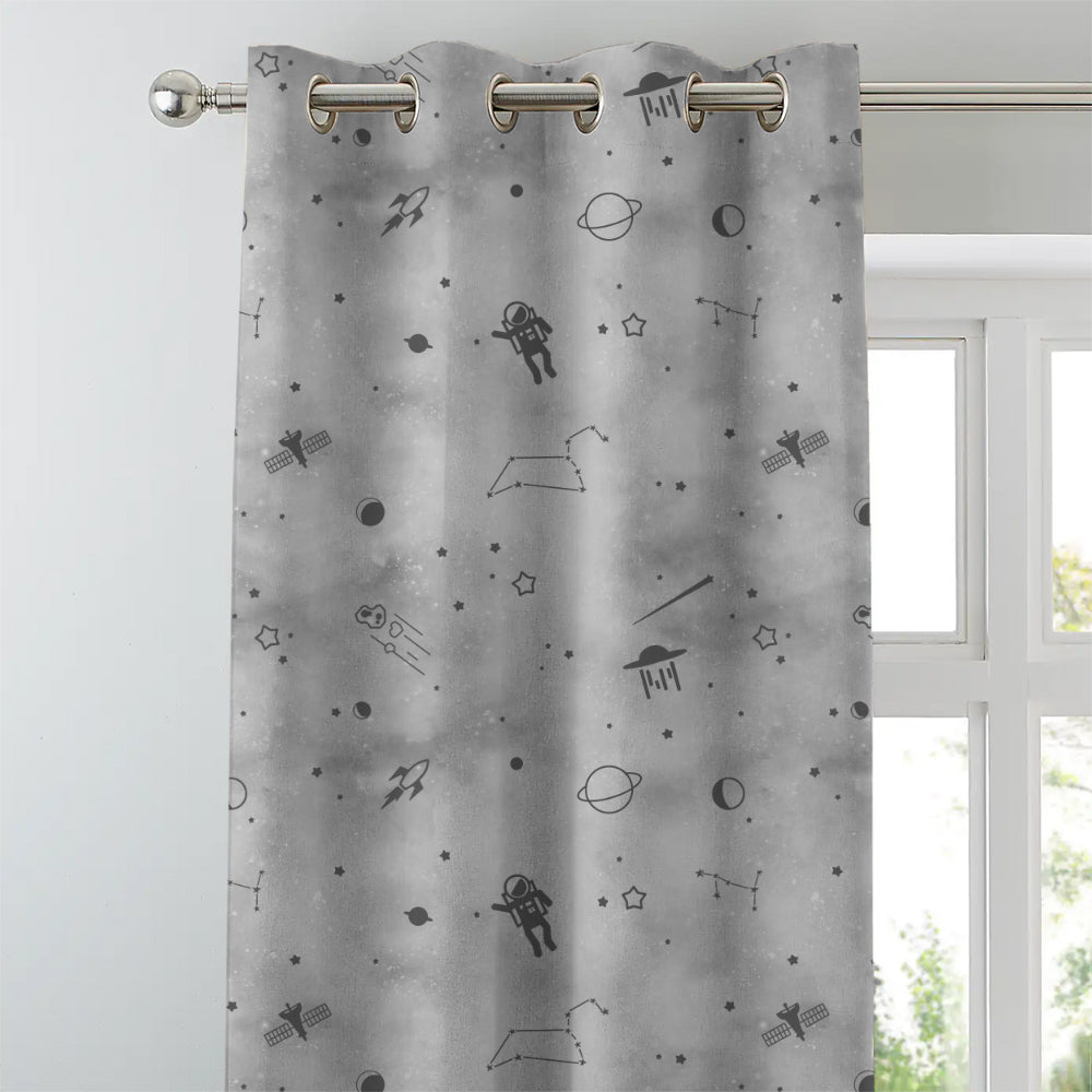 Playful Planets Kids Slate Grey Heavy Satin Room Darkening Curtains Set Of 2 - (DS465C)