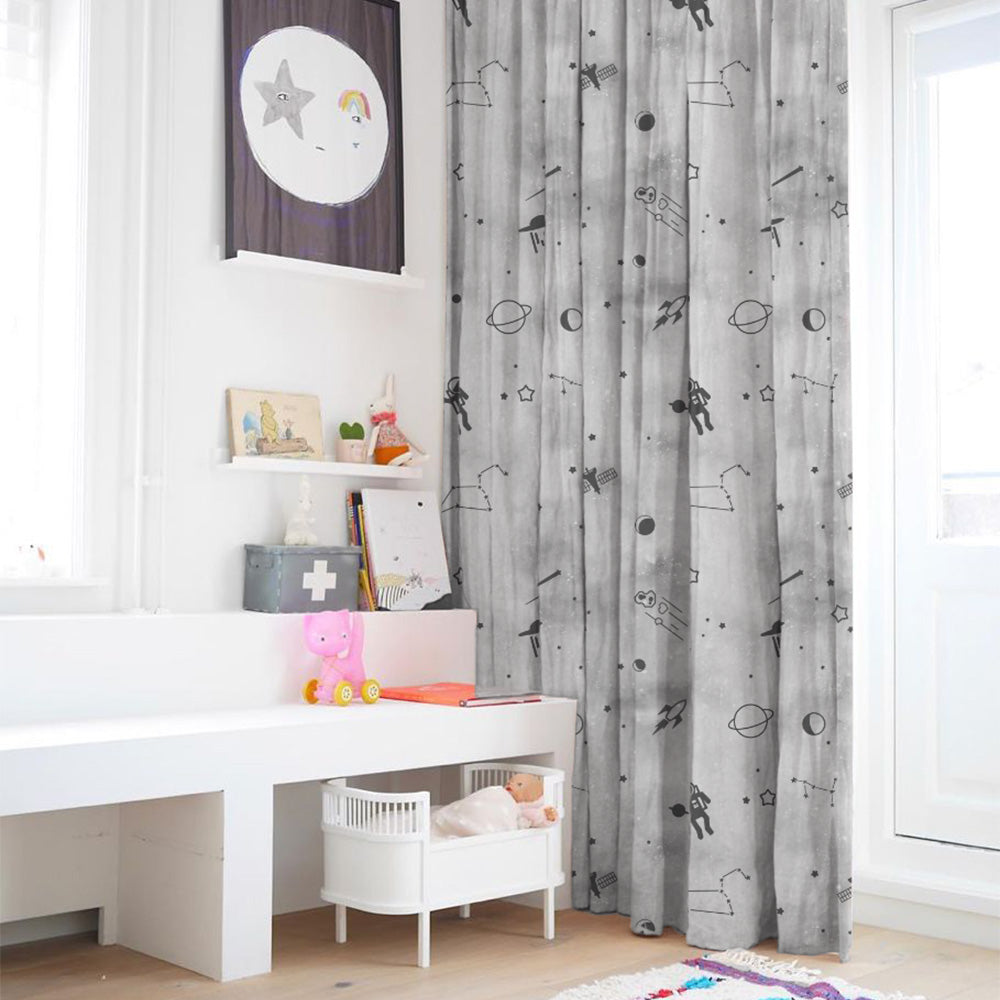 Playful Planets Kids Slate Grey Heavy Satin Room Darkening Curtains Set Of 2 - (DS465C)