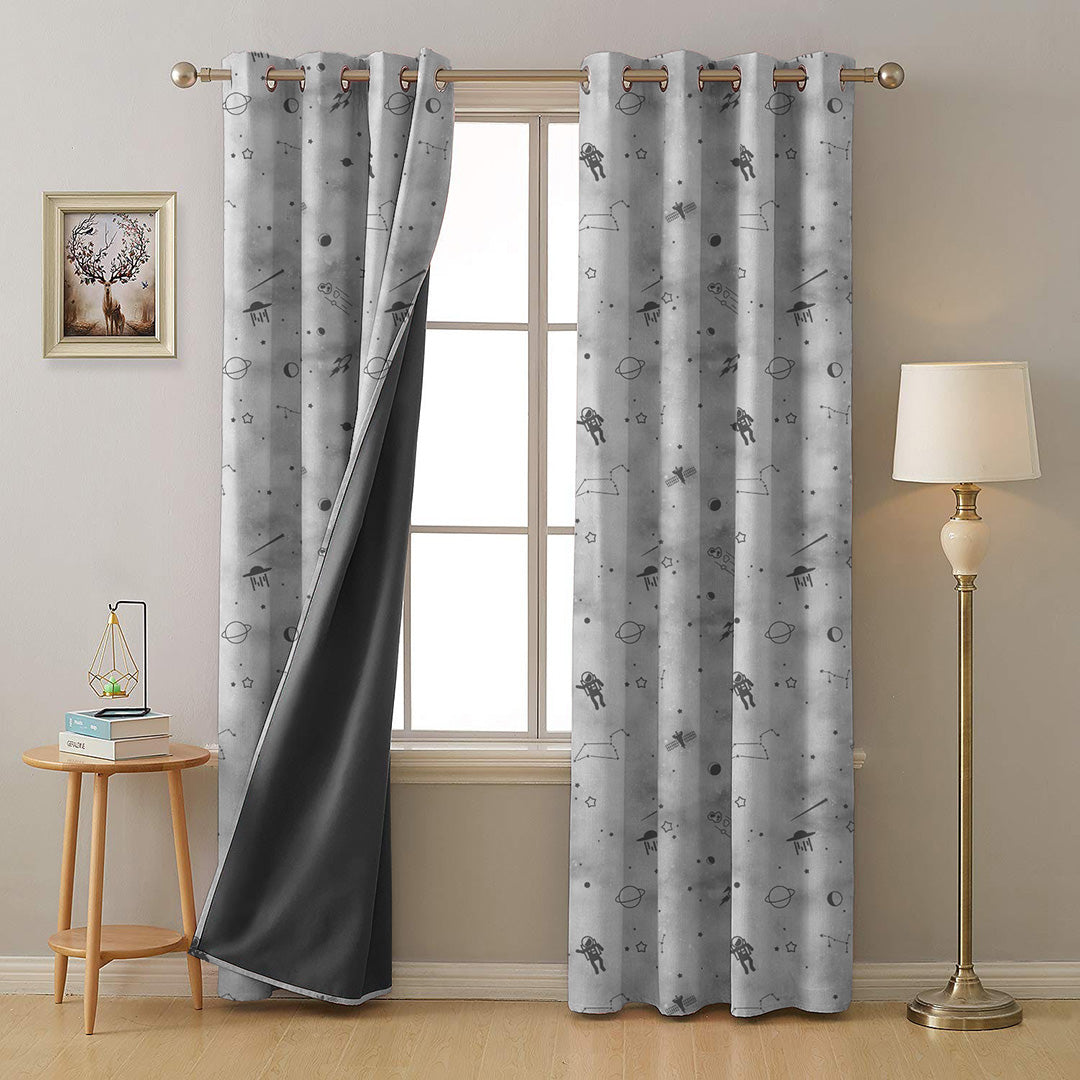 Playful Planets Kids Slate Grey Heavy Satin Room Darkening Curtains Set Of 2 - (DS465C)