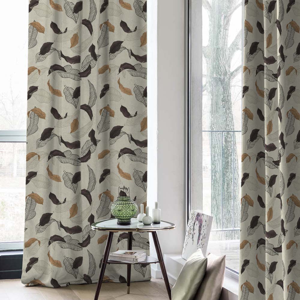Leafy Drift Floral Charcoal Grey Heavy Satin Room Darkening Curtains Set Of 2 - (DS467B)