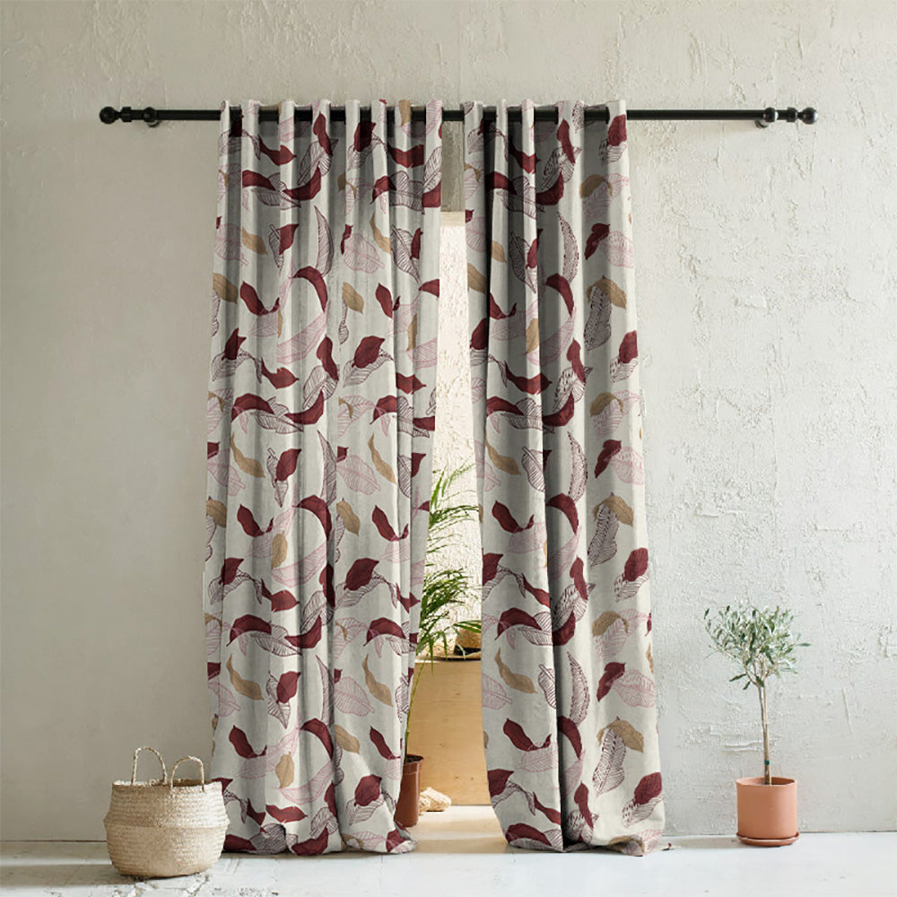 Leafy Drift Floral Maroon Heavy Satin Room Darkening Curtains Set Of 2 - (DS467C)