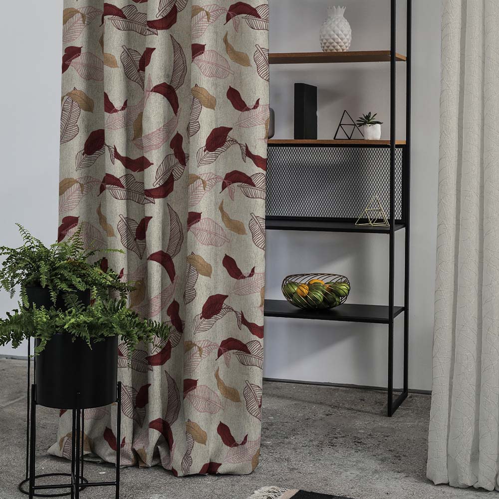 Leafy Drift Floral Maroon Heavy Satin Room Darkening Curtains Set Of 2 - (DS467C)