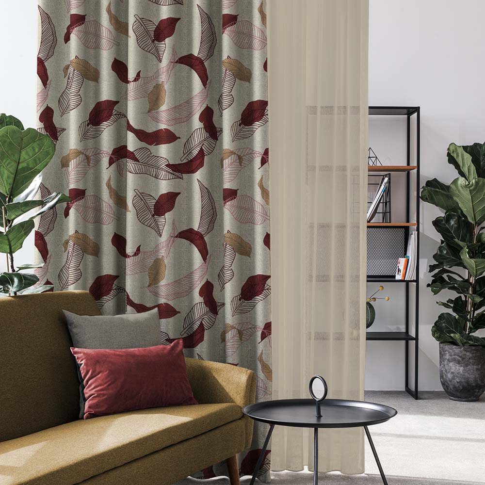 Leafy Drift Floral Maroon Heavy Satin Room Darkening Curtains Set Of 2 - (DS467C)