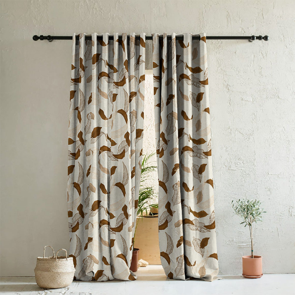 Leafy Drift Floral Mud Brown Heavy Satin Room Darkening Curtains Set Of 2 - (DS467D)