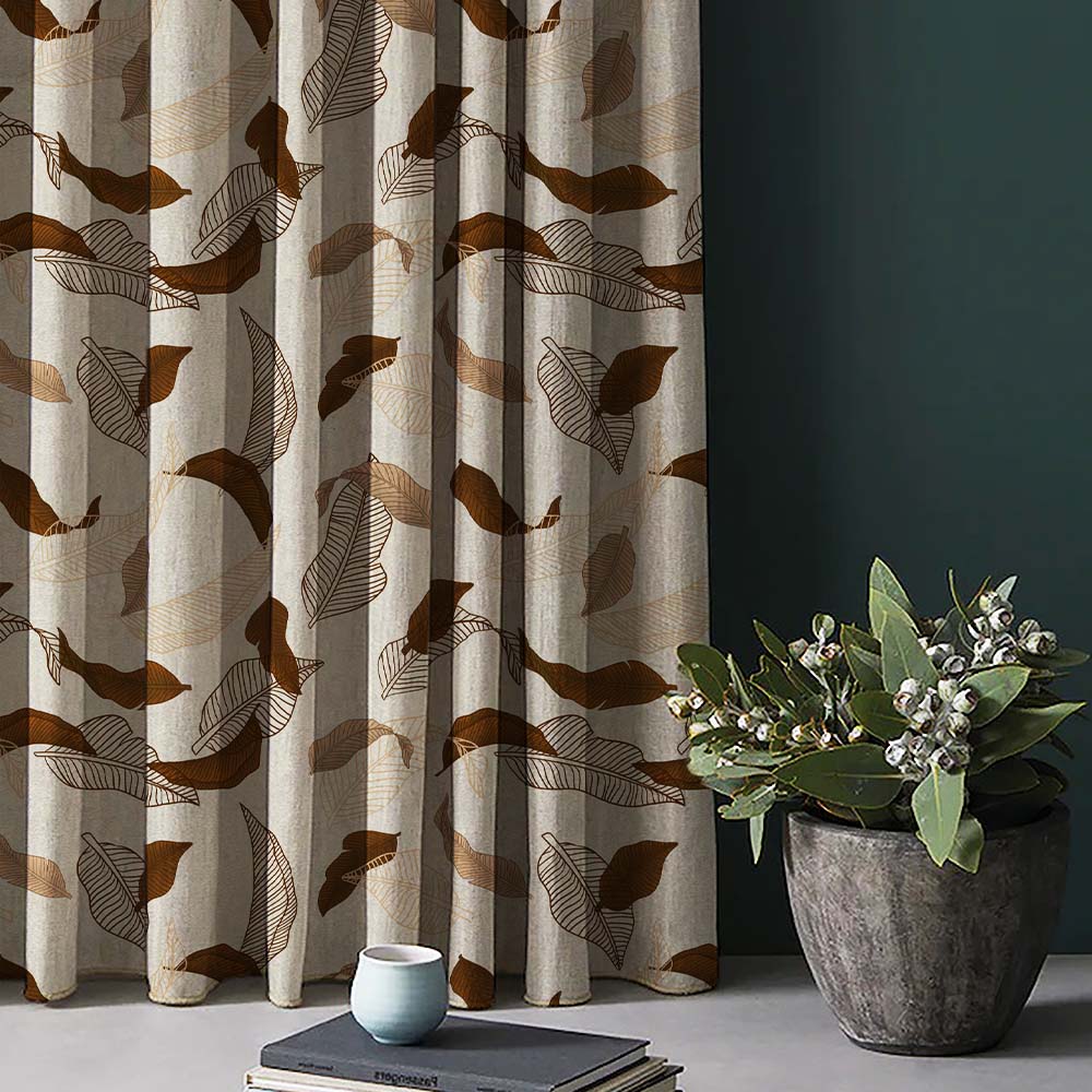 Leafy Drift Floral Mud Brown Heavy Satin Room Darkening Curtains Set Of 2 - (DS467D)