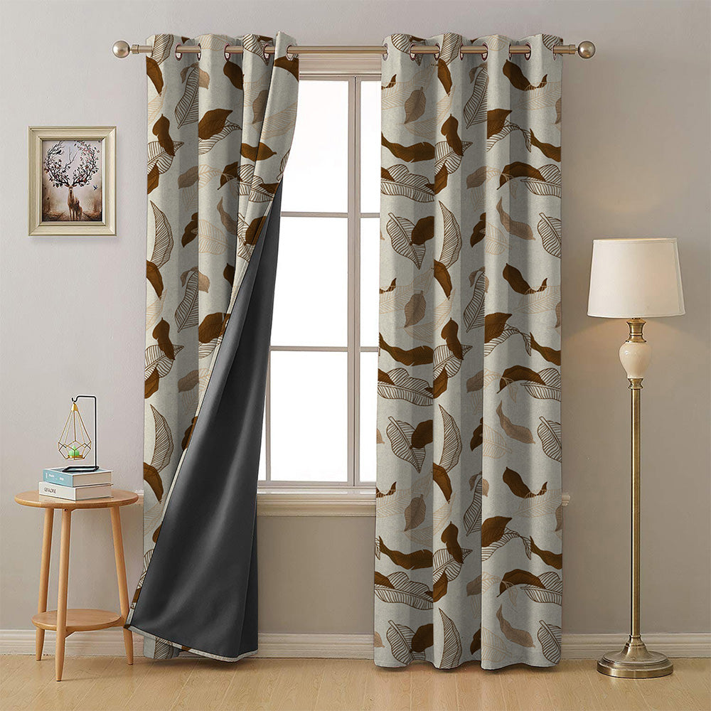 Leafy Drift Floral Mud Brown Heavy Satin Room Darkening Curtains Set Of 2 - (DS467D)