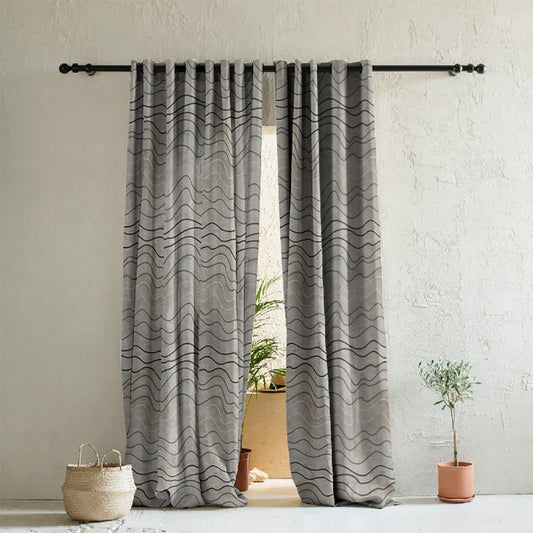 Aqua Swirls Geometric Charcoal Grey Heavy Satin Room Darkening Curtains Set Of 2 - (DS469B)