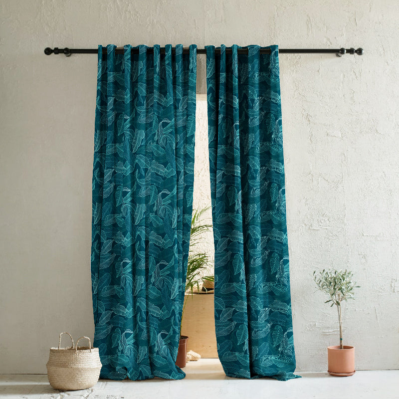 Leafy Silhouette Floral Turquoise Heavy Satin Room Darkening Curtains Set Of 2 - (DS470A)