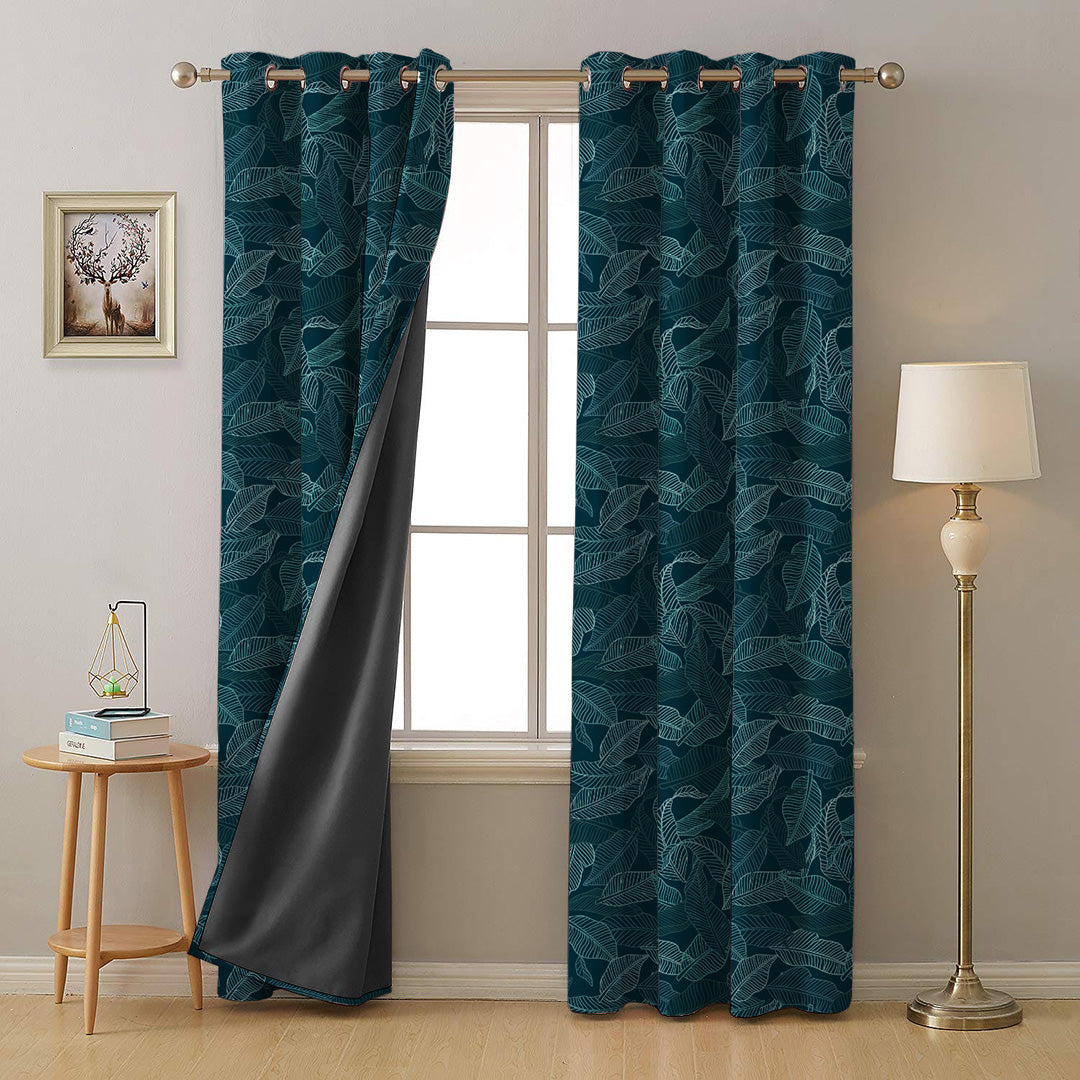 Leafy Silhouette Floral Turquoise Heavy Satin Room Darkening Curtains Set Of 2 - (DS470A)