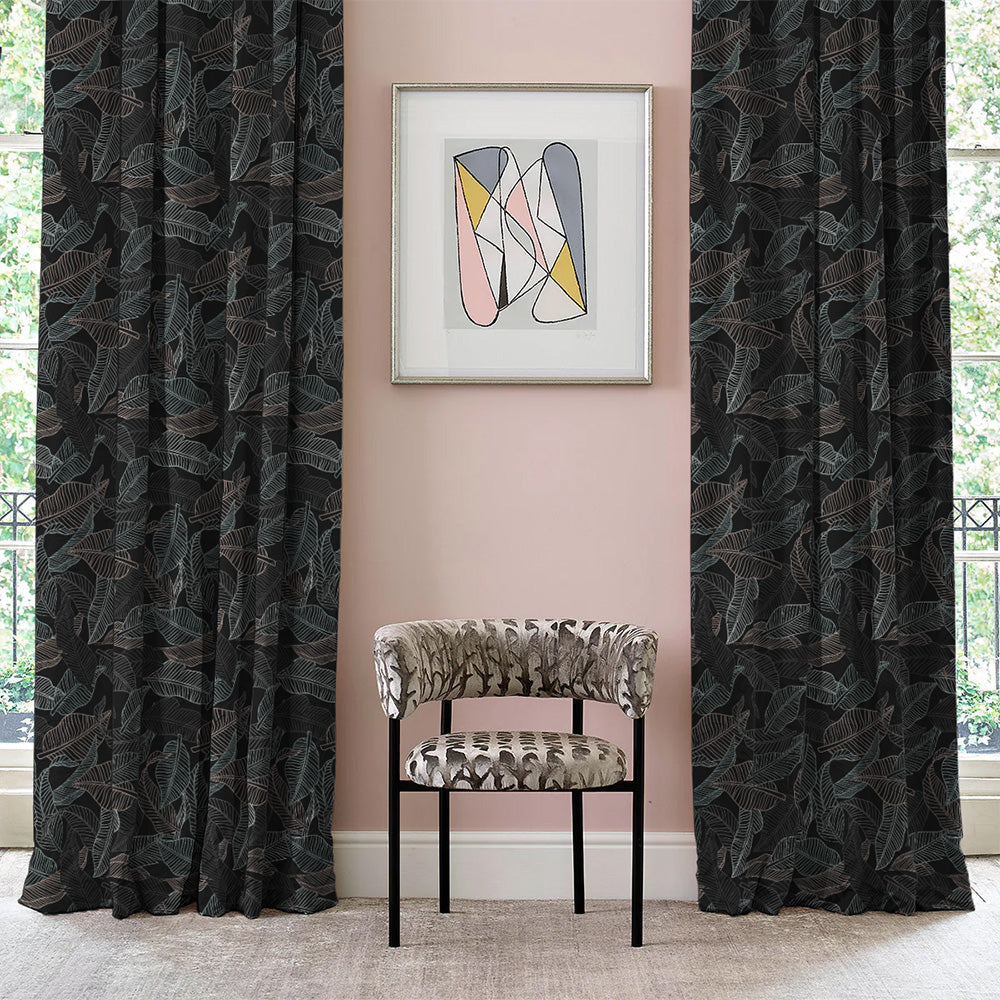 Leafy Silhouette Floral Charcoal Grey Heavy Satin Room Darkening Curtains Set Of 2 - (DS470B)