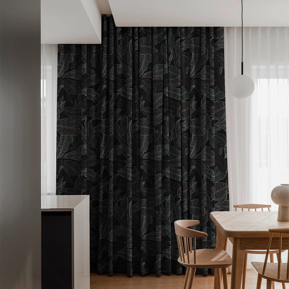 Leafy Silhouette Floral Charcoal Grey Heavy Satin Room Darkening Curtains Set Of 2 - (DS470B)