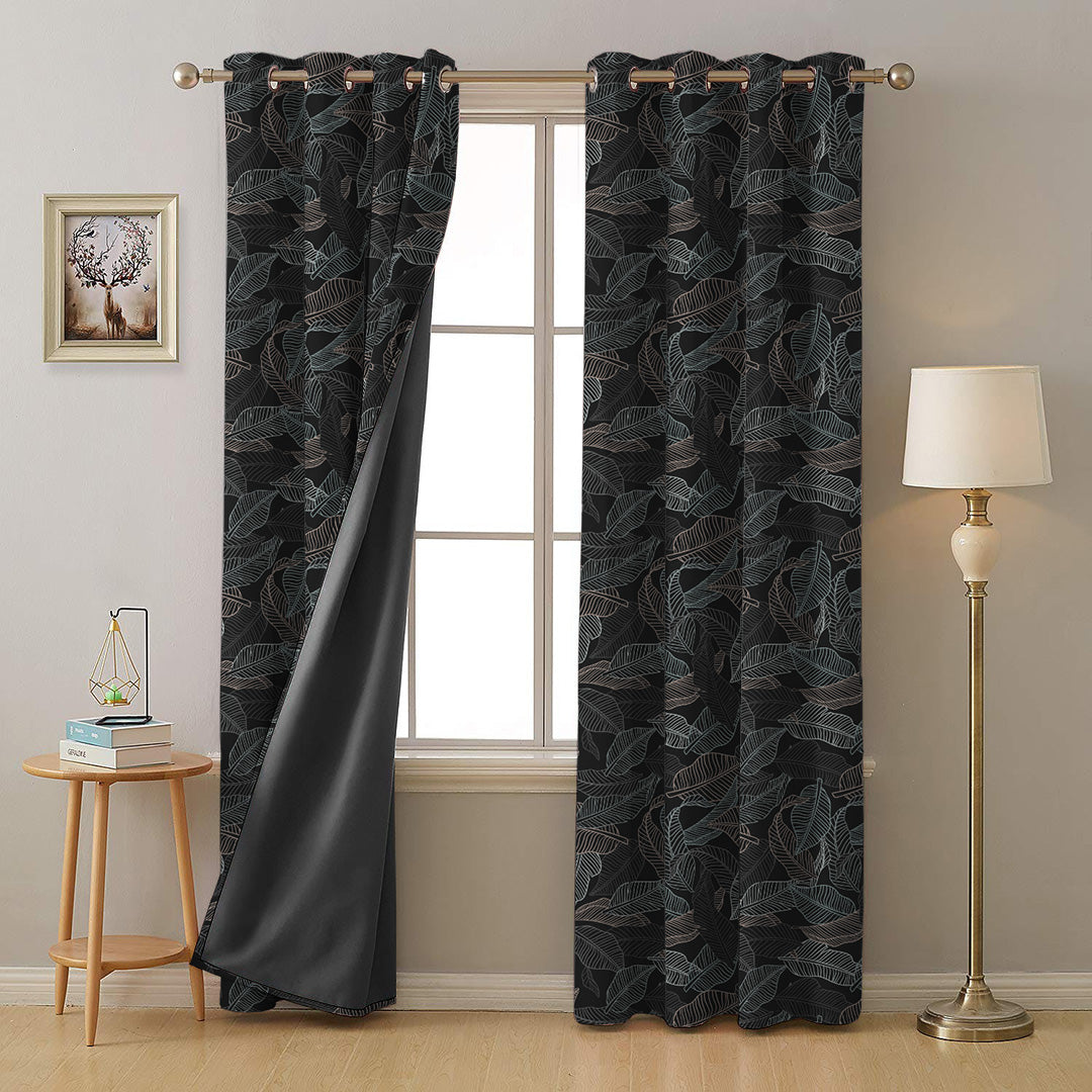 Leafy Silhouette Floral Charcoal Grey Heavy Satin Room Darkening Curtains Set Of 2 - (DS470B)