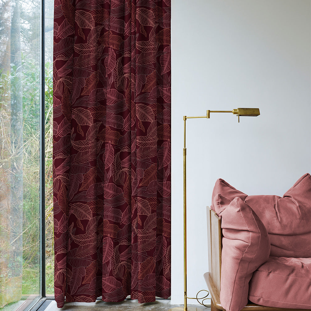 Leafy Silhouette Floral Maroon Heavy Satin Room Darkening Curtains Set Of 2 - (DS470C)