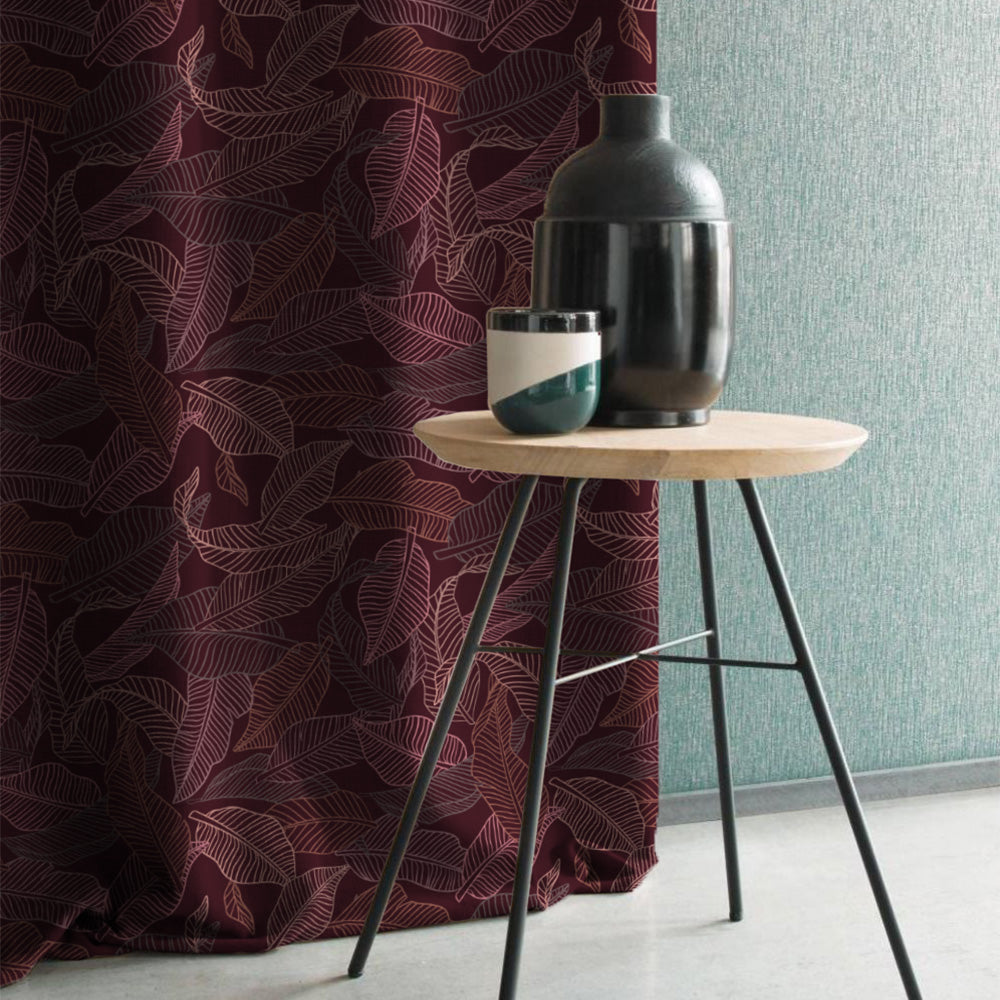 Leafy Silhouette Floral Maroon Heavy Satin Room Darkening Curtains Set Of 2 - (DS470C)