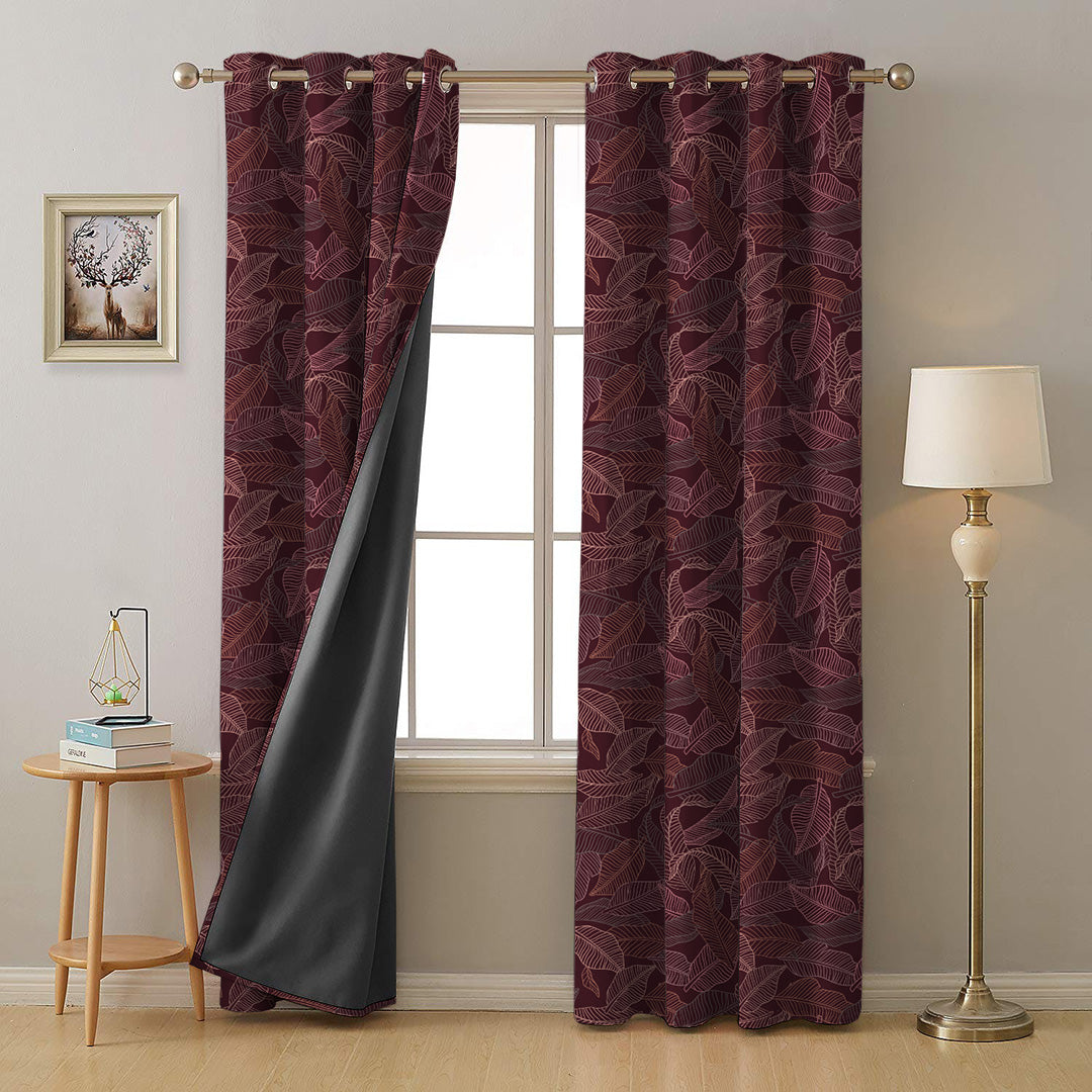 Leafy Silhouette Floral Maroon Heavy Satin Room Darkening Curtains Set Of 2 - (DS470C)