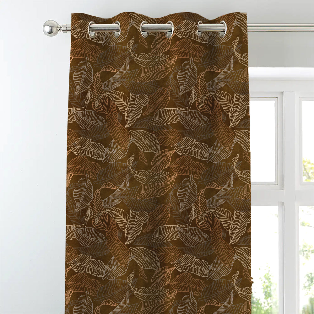 Leafy Silhouette Floral Mud Brown Heavy Satin Room Darkening Curtains Set Of 2 - (DS470D)