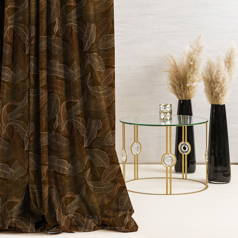 Leafy Silhouette Floral Mud Brown Heavy Satin Room Darkening Curtains Set Of 2 - (DS470D)