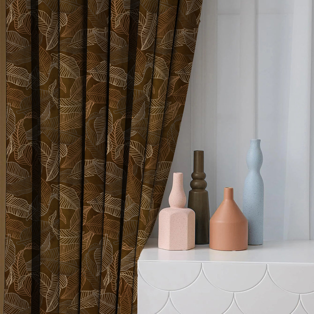 Leafy Silhouette Floral Mud Brown Heavy Satin Room Darkening Curtains Set Of 2 - (DS470D)