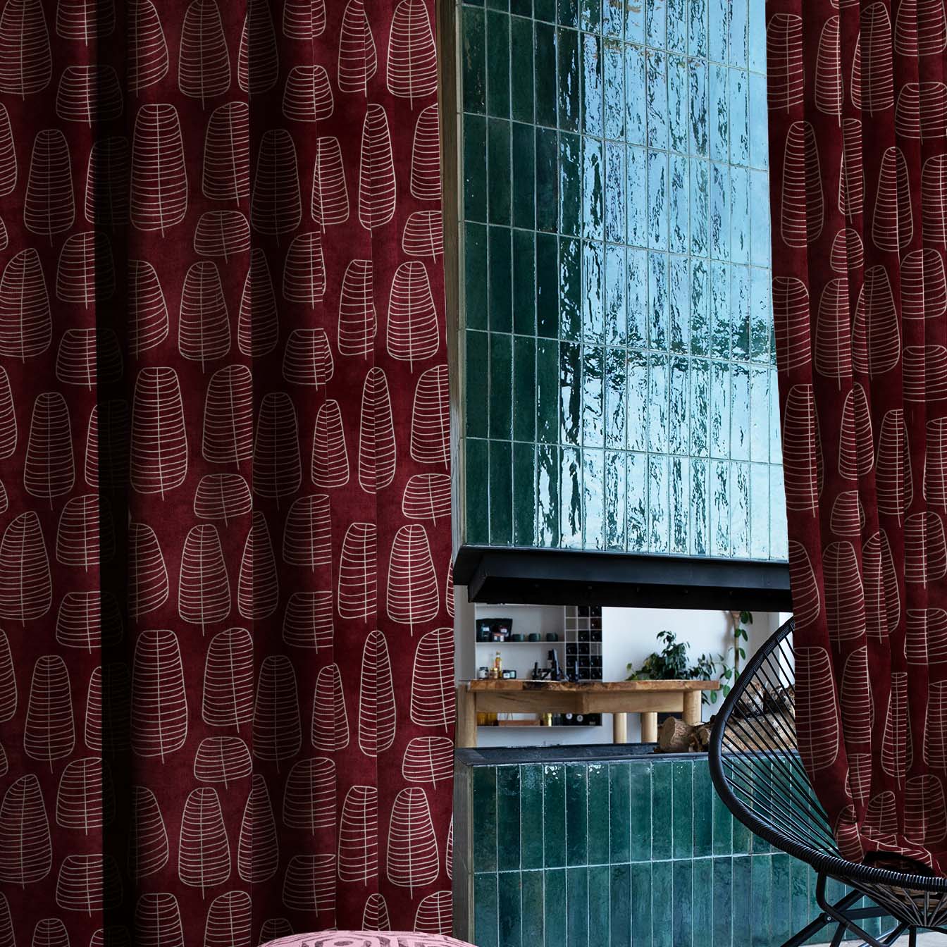 Leaf Tracery Floral Maroon Heavy Satin Room Darkening Curtains Set Of 2 - (DS471C)