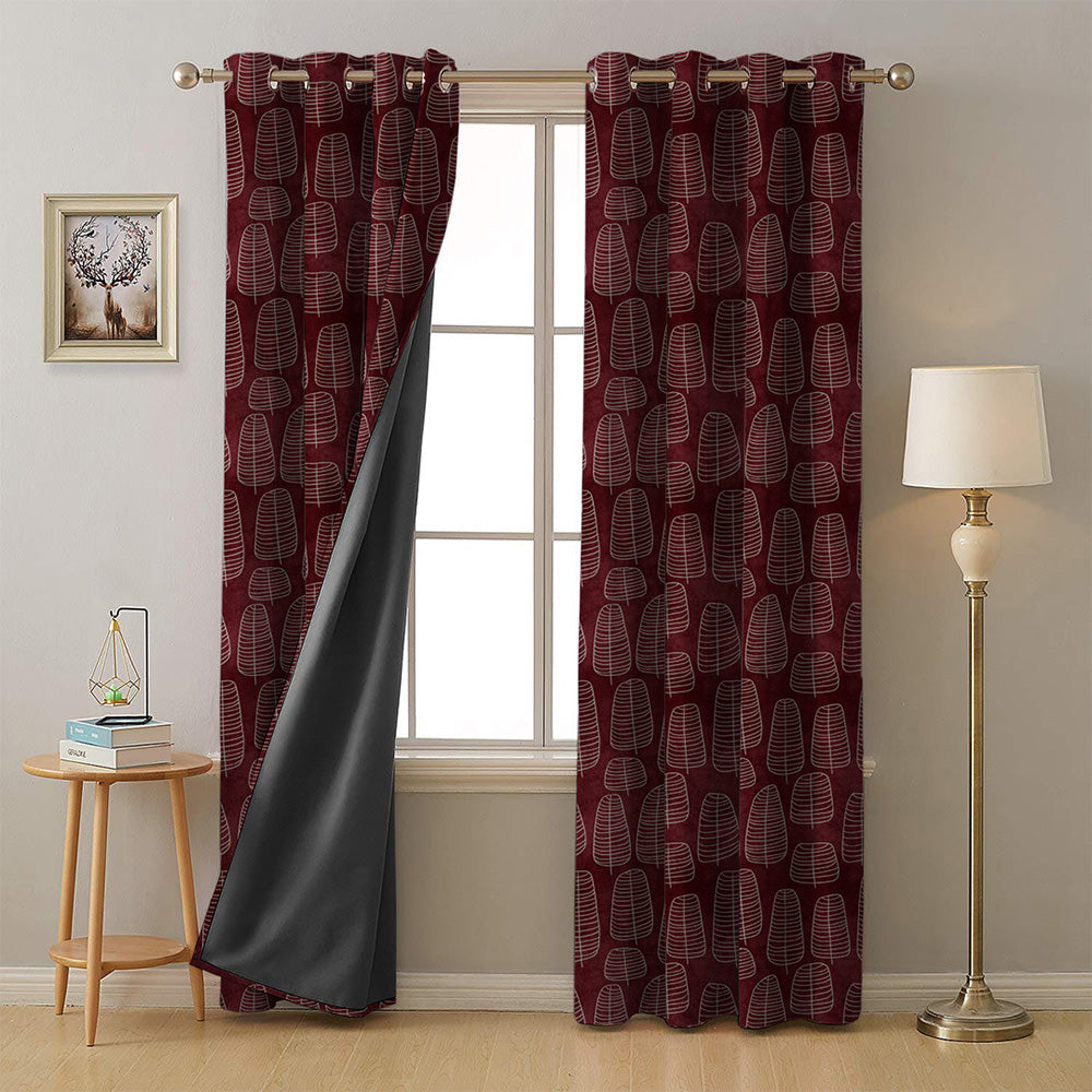 Leaf Tracery Floral Maroon Heavy Satin Room Darkening Curtains Set Of 2 - (DS471C)