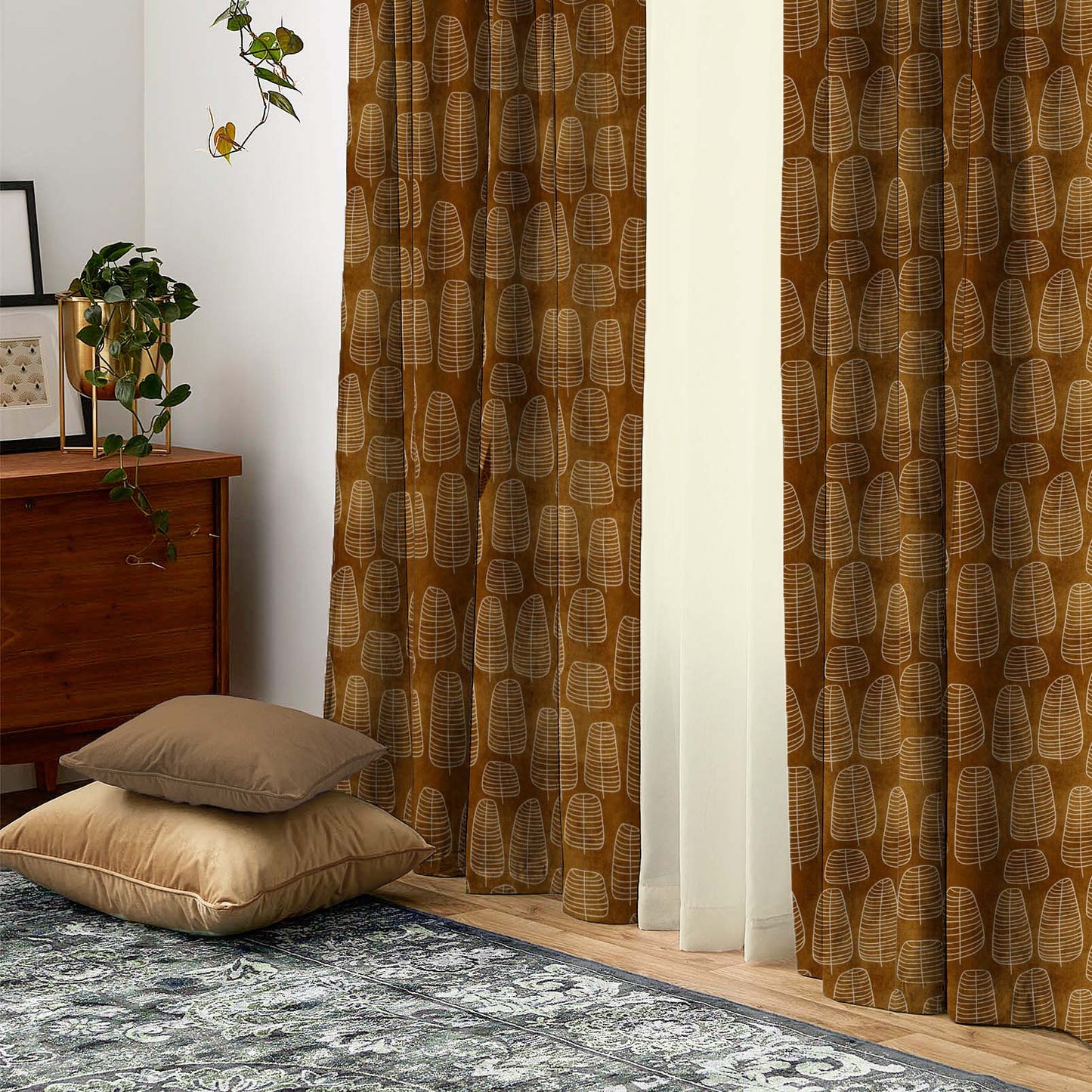 Leaf Tracery Floral Mud Brown Heavy Satin Room Darkening Curtains Set Of 2 - (DS471D)