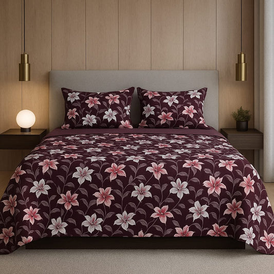 Purple Floral Print / Pure Cotton King Size Bedsheet - Super Furnishing