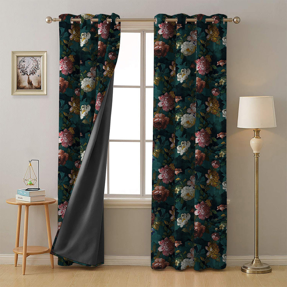Dark Romance Floral Turquoise Heavy Satin Room Darkening Curtains Set Of 2 - (DS473B)