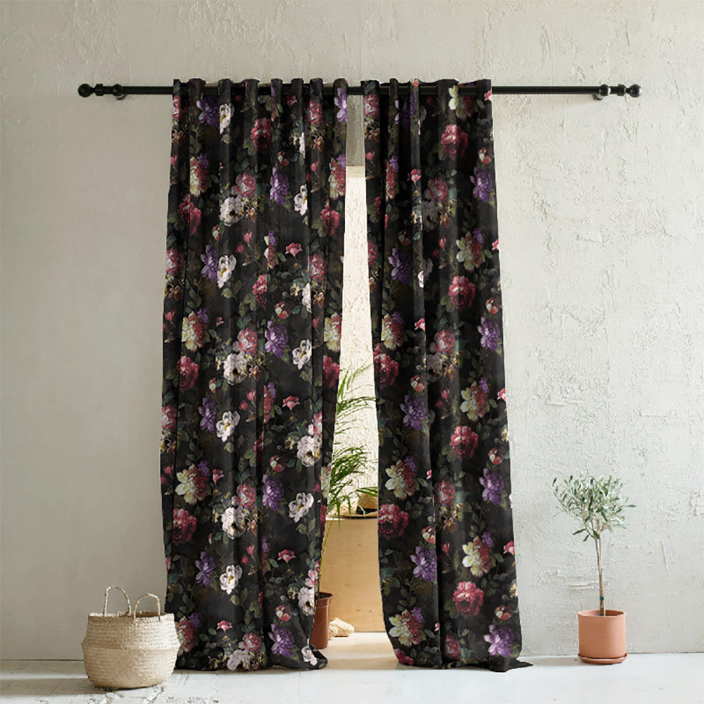 Dark Romance Floral Deep Purple Heavy Satin Room Darkening Curtains Set Of 2 - (DS473C)