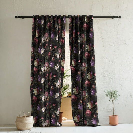 Dark Romance Floral Deep Purple Heavy Satin Room Darkening Curtains Set Of 2 - (DS473C)