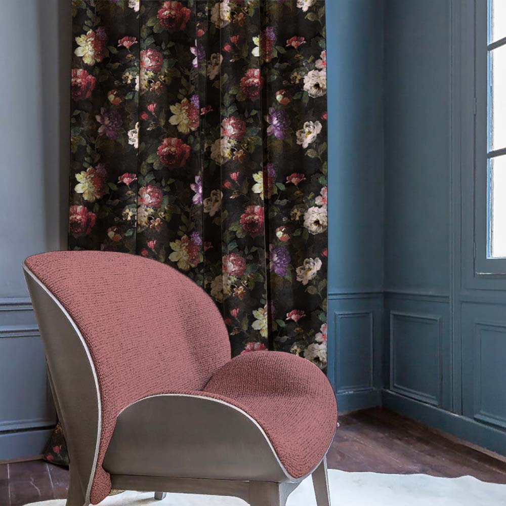 Dark Romance Floral Deep Purple Heavy Satin Room Darkening Curtains Set Of 2 - (DS473C)