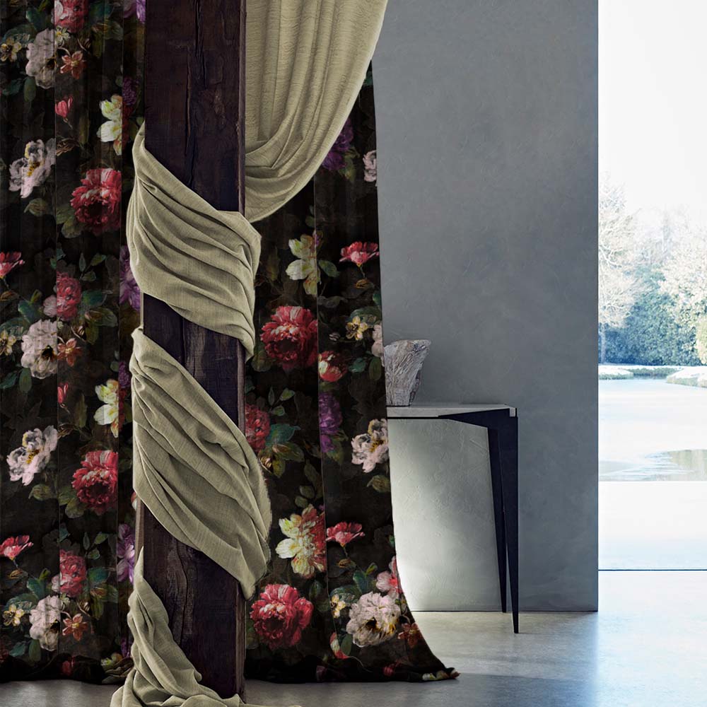 Dark Romance Floral Deep Purple Heavy Satin Room Darkening Curtains Set Of 2 - (DS473C)