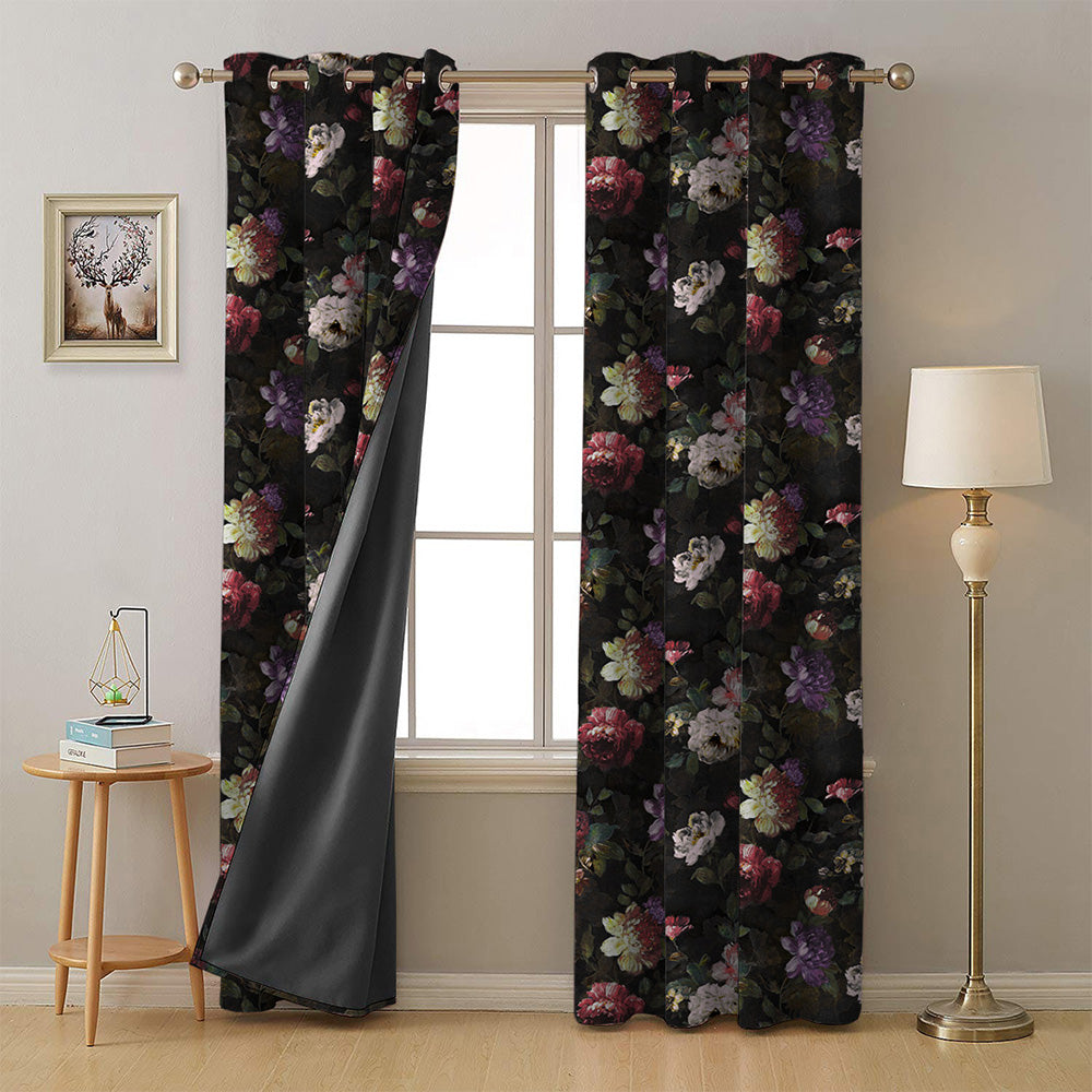 Dark Romance Floral Deep Purple Heavy Satin Room Darkening Curtains Set Of 2 - (DS473C)